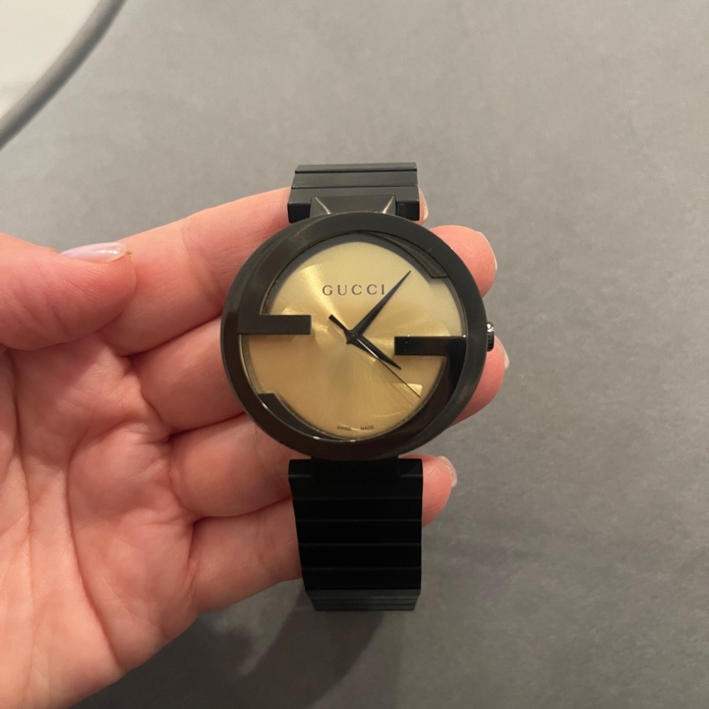Gucci Interlocking Grammy Gold Dial Black Steel Strap Watch For Men AUTHENTIC